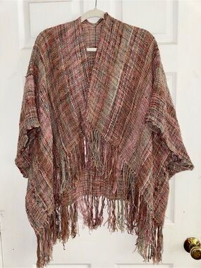 Woven BOHO Fringe Poncho in Blush Earthy Tones  Multicolor - OS